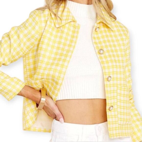 AURA RED DRESS YELLOW TWEED JACKET W/PEARL BUTTONS SZ.L NWOT. - Picture 3 of 10